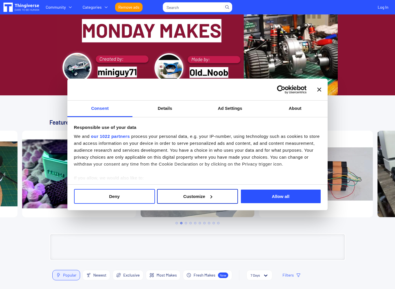 Thingiverse (by UltiMaker) official website screenshot