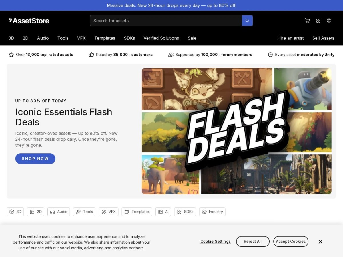 Unity Asset Store official marketplace featuring 3D models, tools, and shaders.